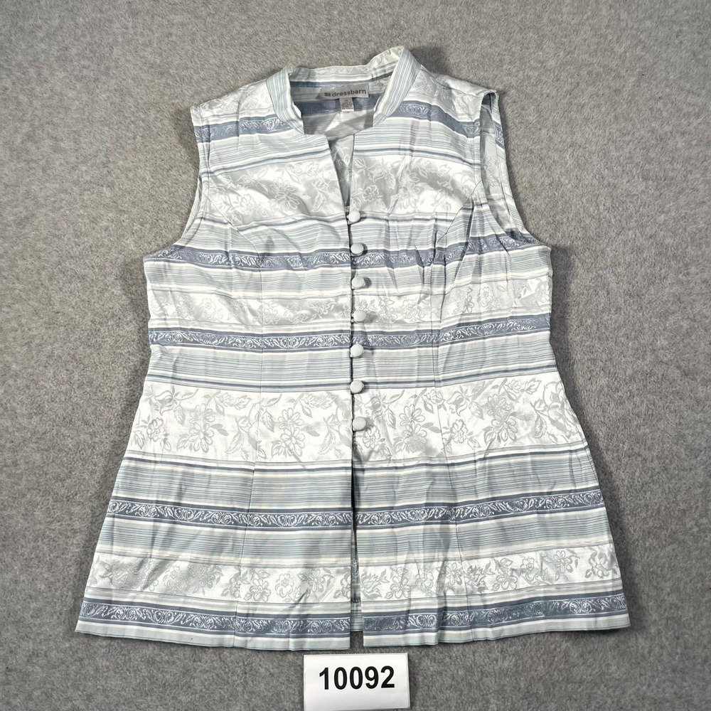 Dressbarn Blouse Top Womens 16 White Blue Floral Striped Button Front Casual